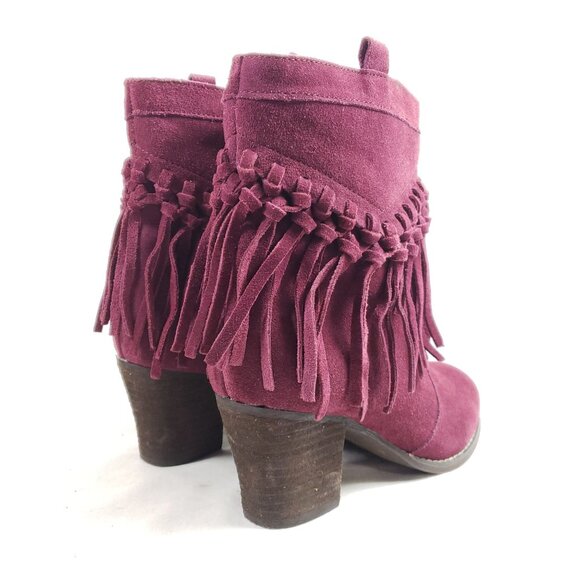 Sbicca Womens 7.5 Suede Fringe Heeled Ankle Boots Burgundy Western Style - Picture 4 of 9